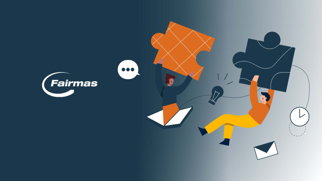 Illustration de deux personnes assemblant des pièces de puzzle, symbole des intégrations Fairmas entre systèmes hôteliers et logiciel de planification financière.